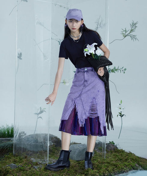 Distressed Layered Denim Skirt